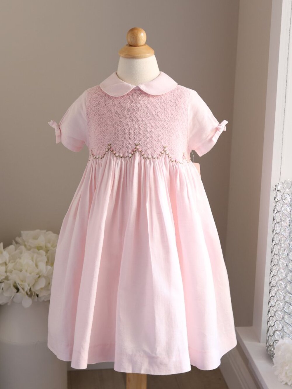 Pink Smocked Cotton Linen Dress Bullion Rose Embroidery Luli & Me 3T Like New